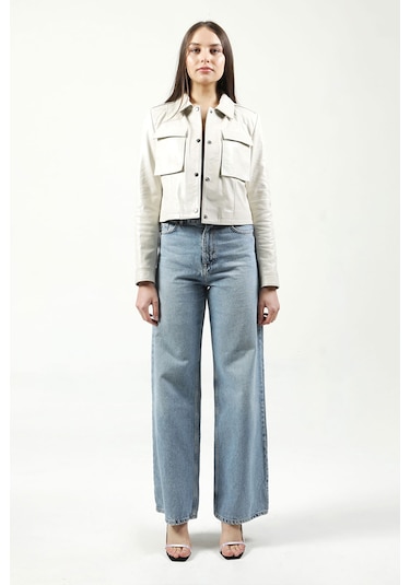 Dericlub Yb-Vgn1 Crop Fit Gerçek Deri Kadın Mont Bej