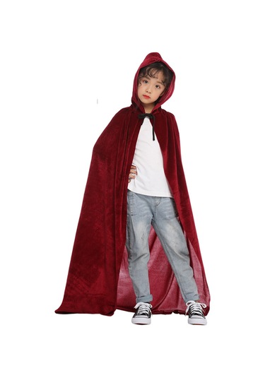 Hangfox Çocuklar İçin L 110cm Bordo Yumuşak Kadife Şapkalı Palto - Halloween Kostümü, Cosplay Partisi, Rol Oynama Aleti Unisex