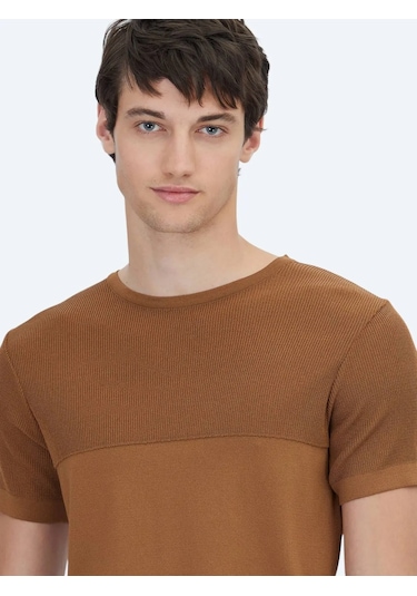 Kahverengi Bisiklet Yaka Desenli Triko Kahverengi