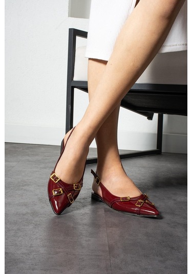 Shoetek Jowana Kadın Babet Çapraz Bantlı Tokalı Bordo Rugan Bordo