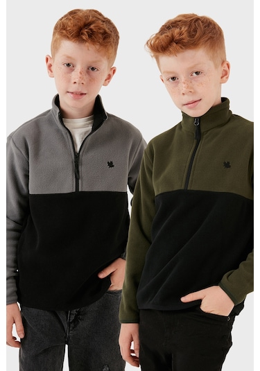 Lela Yumuşak Dokulu Yarım Fermuarlı Renk Bloklu Dik Yaka 2'Li Paket Çocuk Polar 5905004S2 Gri Siyah-Haki Siyah