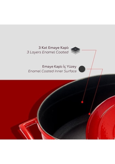 Lava Döküm Oval Tencere. Folk Serisi Ölçü 21x25cm Kırmızı