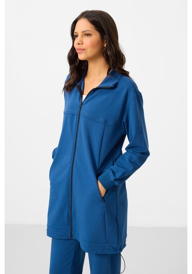 Parlament Dik Yaka Fermuarlı Pamuklu Kadın Eşofman Tunik Takım - 95346 Mavi