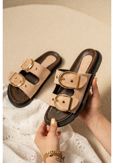 Craft Kadın Gold Toka Detaylı Terlik Bej Süet