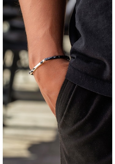 Cenova Kuyumculuk 14 Ayar Altın Bar Detaylı Siyah Seramik Erkek Bileklik 3 Mm Sarı Altın