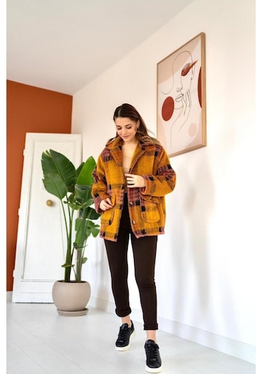 Lucky Life Kadın Hardal Fuşya Düğmeli Ekoseli Kaban Çok Renkli