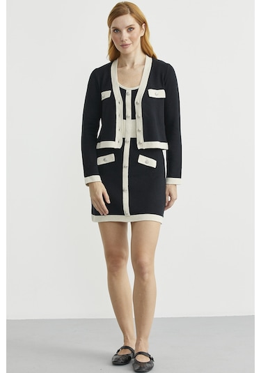 Blok Geçişli Elbise Hırka Triko Takım - Taş Taş