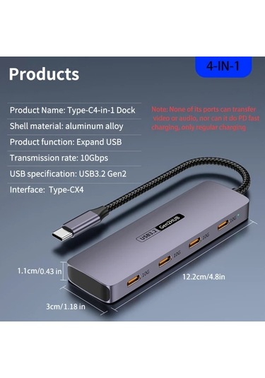 Xuweiwei 4 In 1 4c Hub Usb3 2 10gbps Yuksek Hizli Veri Transferi 4 Type C Portlu Mobil Telefon Tablet Uyumlu Windows İos Sistemleri Destekler