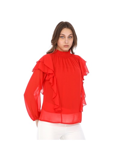 Omuz Fırfırlı Yaka Gipeli Şifon Bluz 6001-kırmızı
