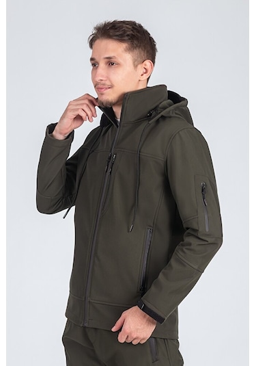 Suya Dayanıklı Slim Fit Softshell Kapüşonlu Erkek Mont Haki Suya Dayanıklı Slim Fit Softshell Kapüşonlu Erkek Mont Haki