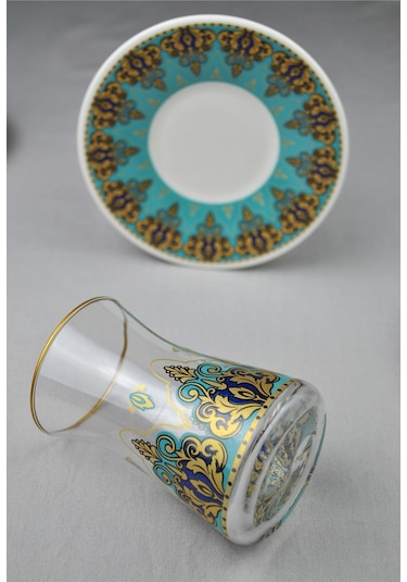 12 Parça 6 Kişilik Lüx Cam Çay Seti Gold Detaylı Altın Renk İşlemeli Lüks Çay Takımı Turkuaz