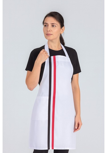 Kadın Boyundan Asmalı Çizgili Barista Şef Mutfak Önlüğü 60x85 Cm Beyaz