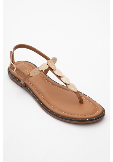 Marea Taba Hakiki Deri Parmak Arası Gold Tokalı Kadın Sandalet Taba