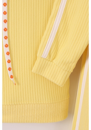 Monox Kız Çocuk Çiçek Baskılı İpli Şeritli Pantolon Fitilli Polar Takım Sarı