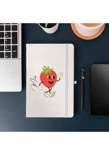 Kişiye Özel Çilek Karakterli Eğlenceli Tasarım Deri Kapak Defter Beyaz