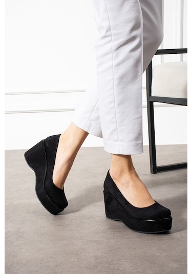 Zenneshoes Helena Dolgu Topuklu Kadın Ayakkabı Siyah Süed