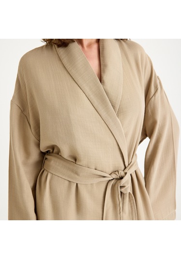 %100 Pamuklu Dokuma Şal Yaka Müslin Kimono-pantolon Alt Üst Takım Bej