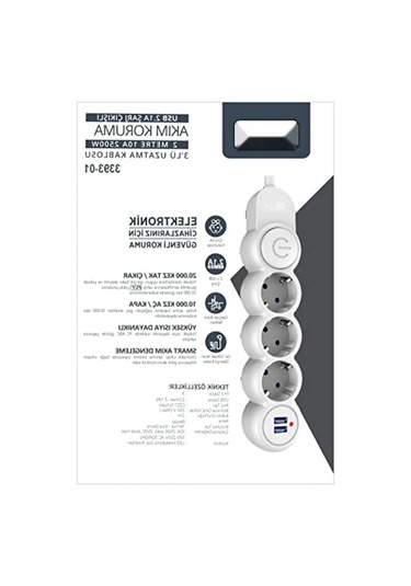 Çocuk Koruma Özellikli, Termal Akım Korumalı 3'lü Priz, 2xusb, 2m Kablo 0