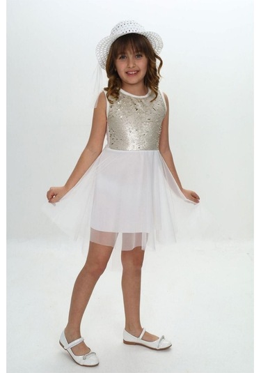 Kız Çocuk Şapka Ve Payetli Elbise Beyaz