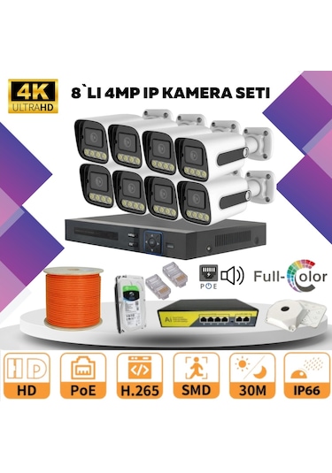 8'li Güvenlik Ip Kamera Seti - 4mp Dış Mekan Kamera, 3.6mm Lens, H.265, Poe, Warm Led Gece Görüşlü