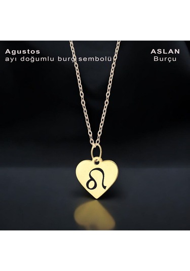 Ağustos Ayı Doğumlarına Özel Kalp Motifli Zincirli 14 Ayar Altın Plakalı Hediyelik Kolye-352ay Ağustos