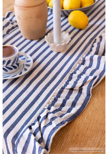Mavi Çizgili 40x125 Cm Vintage Fırfırlı %100 Keten Pamuklu Amerikan Runner Bej