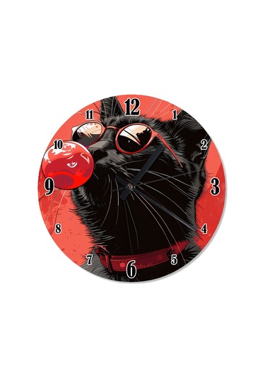 Sakız Çiğneyen Kedi Desenli Duvar Saati Çok Renkli