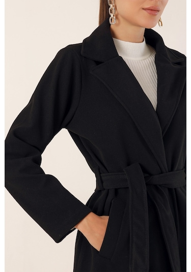 Bigdart9118 Kruvaze Yaka Kaşe Kaban - Siyah 001