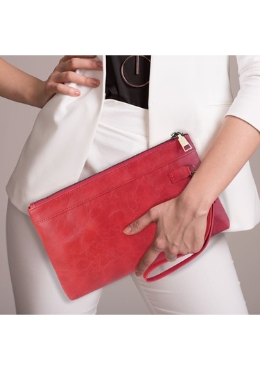 Shidai888 Retro Deri Debriyaj Fermuarlı Zarf Çanta Kırmızı