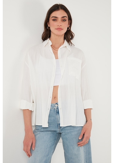 Lela Regular Fit Tek Cepli Önü Kısa Arkası Uzun Krinkıl Bayan Gömlek 6772752 Beyaz