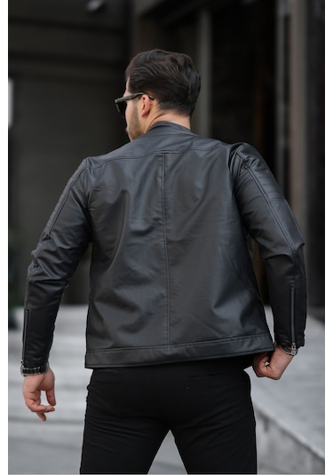 Erkek Yeni Sezon Siyah Dar Kesim Deri Ceket & Mont Siyah