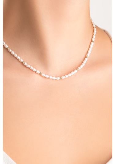 So Chic Doğal İnci Taşlı 42 Cm 14 Ayar Sarı Altın Kolye Sarı - Beyaz