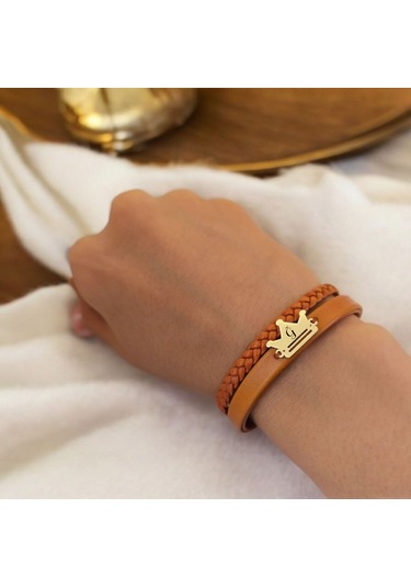 Archin Ğ Harfine Özel 14 Ayar Altın Plakalı Kahverengi Derili Taç Motifli Hediye Bileklik-467harf Ğ