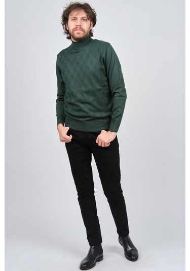 Pave Erkek Yarım Balıkçı Desenli Yün Kazak 4537210 Yeşil Yeşil