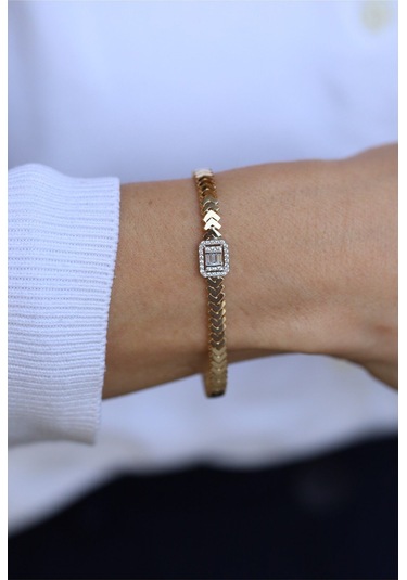 Yenigün Kuyumculuk 14 Ayar Altın Baget Taşlı Balık Sırtı Bileklik 5956 Sarı Altın