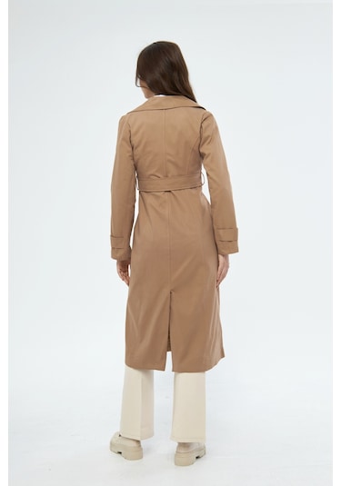 %100 Pamuk Ekstra Uzun 120cm Kruvaze Kadın Trençkot 1121 Koyu Bej