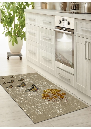 Kelebek Desenli Kaymaz Dökülmez Deri Taban Mutfak Halısı