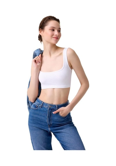 Cottonhill Premium - Kadın Beyaz Seamless Kare Yaka Crop Top Büstiyer Beyaz