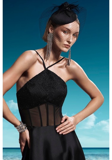 Explosion Kadın Üçgen Asimetrik Yakalı Transparan Korsajlı Şık Maxi Abiye Elbise 57659 Siyah