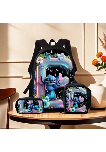 Honeybeeshop Stitch Ve Elmas Çiçekli 3 Adet Sırt Çantası Seti Büyük Kapasiteli Sku K K