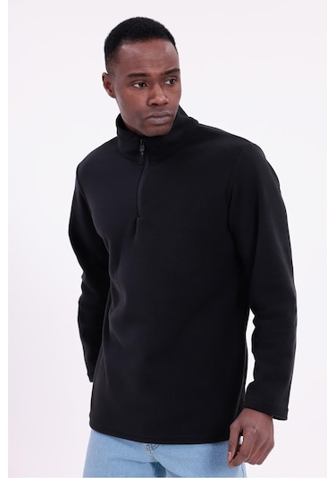 Freemen Erkek Fit Dik Yaka Yarım Fermuarlı Sweatshirt Polar Siyah