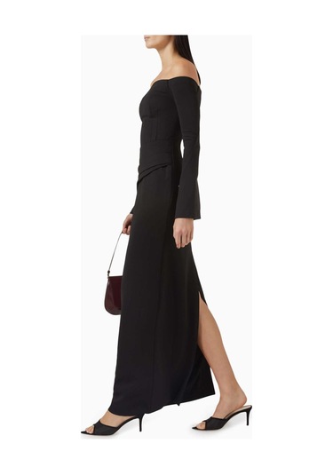 Eegen Studio Louisa Maxi Elbise - Off - Shoulder, Düğmeli Kollar, Şık Drapeli Bel, Zarif Umi Kumaş Siyah