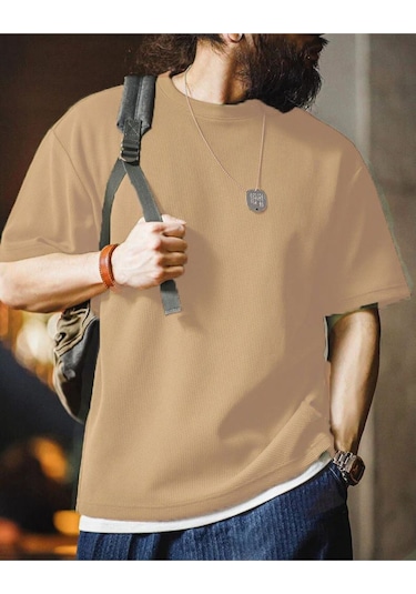 Genius Store Erkek Oversize Bisiklet Yaka Kısa Kollu Waffle Tişört Waffle-bisikletyaka Bej