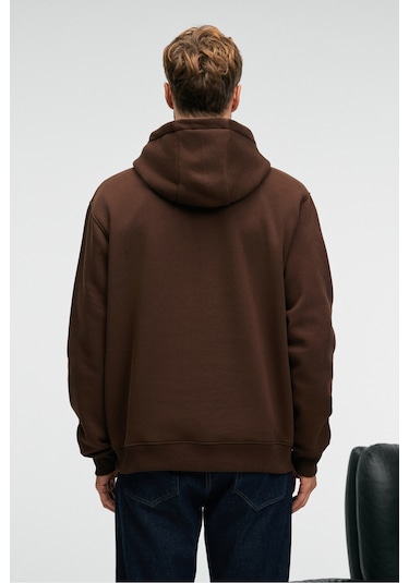 AMOS Erkek Yumuşak Kumaşlı 3 İplik Oversize Kapüşonlu Kanguru Cepli Acı Kahve Sweatshirt