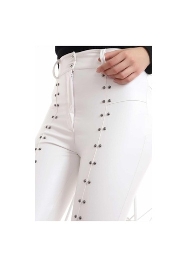 Munn Collection Beyaz Taş İşlemeli Deri Tayt Beyaz