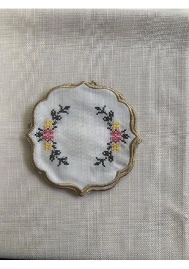 Nivemeshome Kanaviçe Nakışlı Sarı-pembe Oval 6 Adet Keten Kokteyl Peçetesi Kahve Yanı Sunumluk Çok Renkli