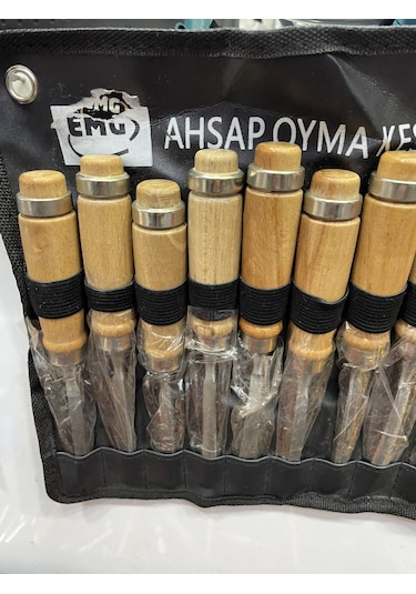 12 Parça Profesyonel Iskarpela Ahşap Saplı Oyma Seti Özel Çantalı