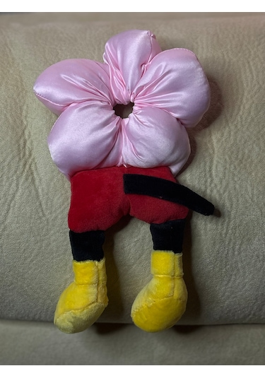 Mickeyy Mouse Figürlü Saten Puantiyeli Scrunchie Simit Toka - Çılgın Topuz Tokası Açık Pembe
