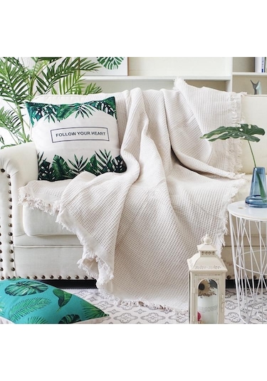 Beyaz Kanepe Örme Kapak Battaniye Püsküllü Goblen Yatak Masa Seyahat Dekor Battaniye Ev Otel Pamuk Yatak Ofis 90x240cm