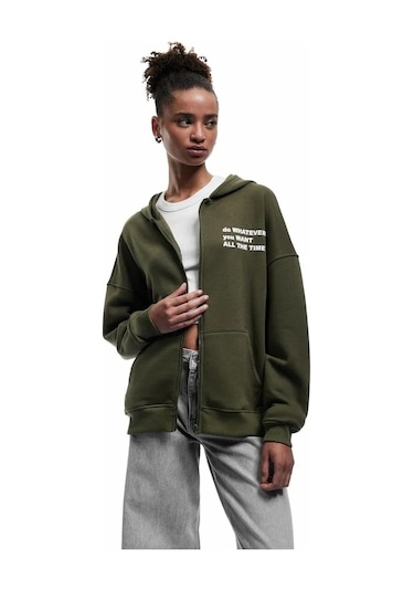 Koton Şardonlu Baskılı Fermuarlı Kapüşonlu Kadın Oversize Sweatshirt 6wal10142ık Haki